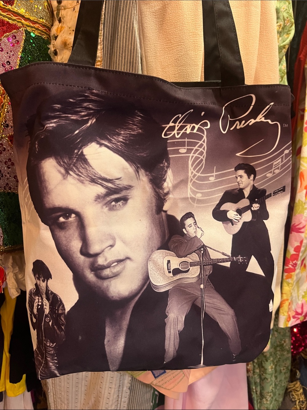 Black Graphic Photo Tote Bag with Signature Print
